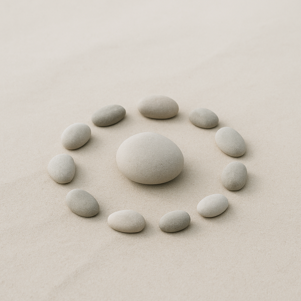 A simple, subtle circle of different sized stones on sand