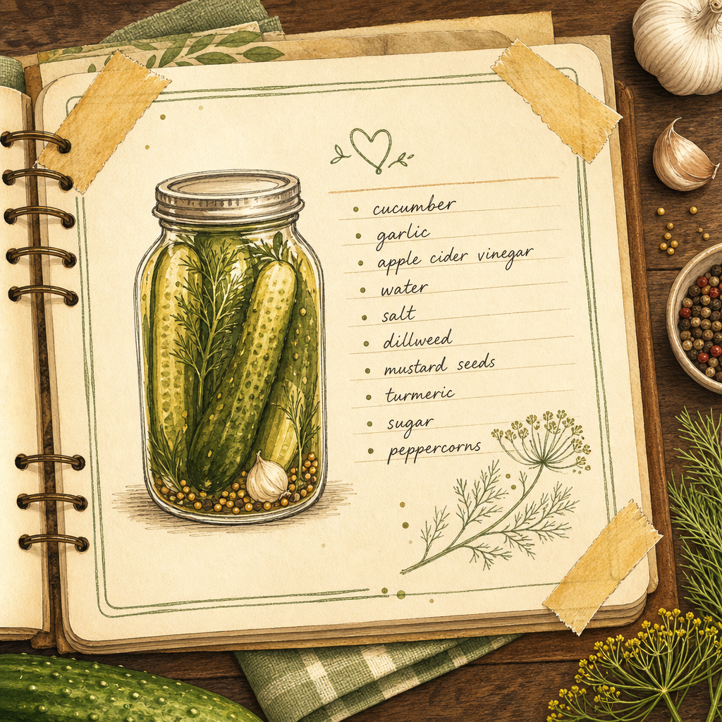 Hand-drawn recipe notebook page with a pickle jar sketch, tape corners, and tidy handwritten ingredient notes