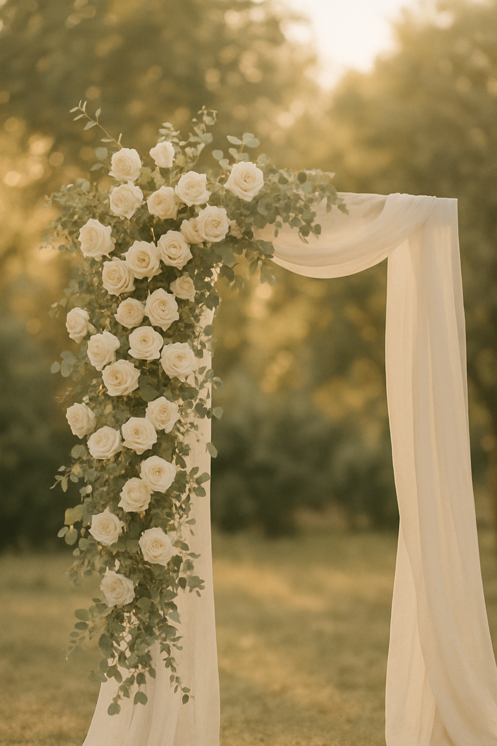 Elegant outdoor ceremony arch adorned with white roses and eucalyptus