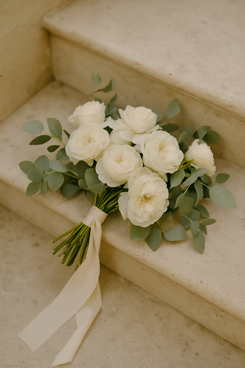 Overhead view of a lush white and green bridal bouquet on stone steps