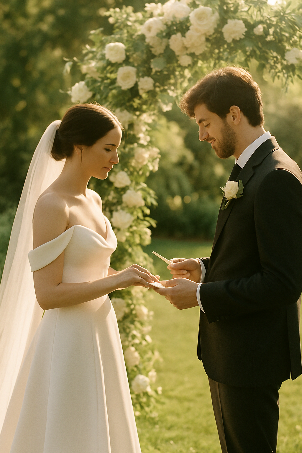 Bride and groom exchanging vows under golden afternoon light in a garden