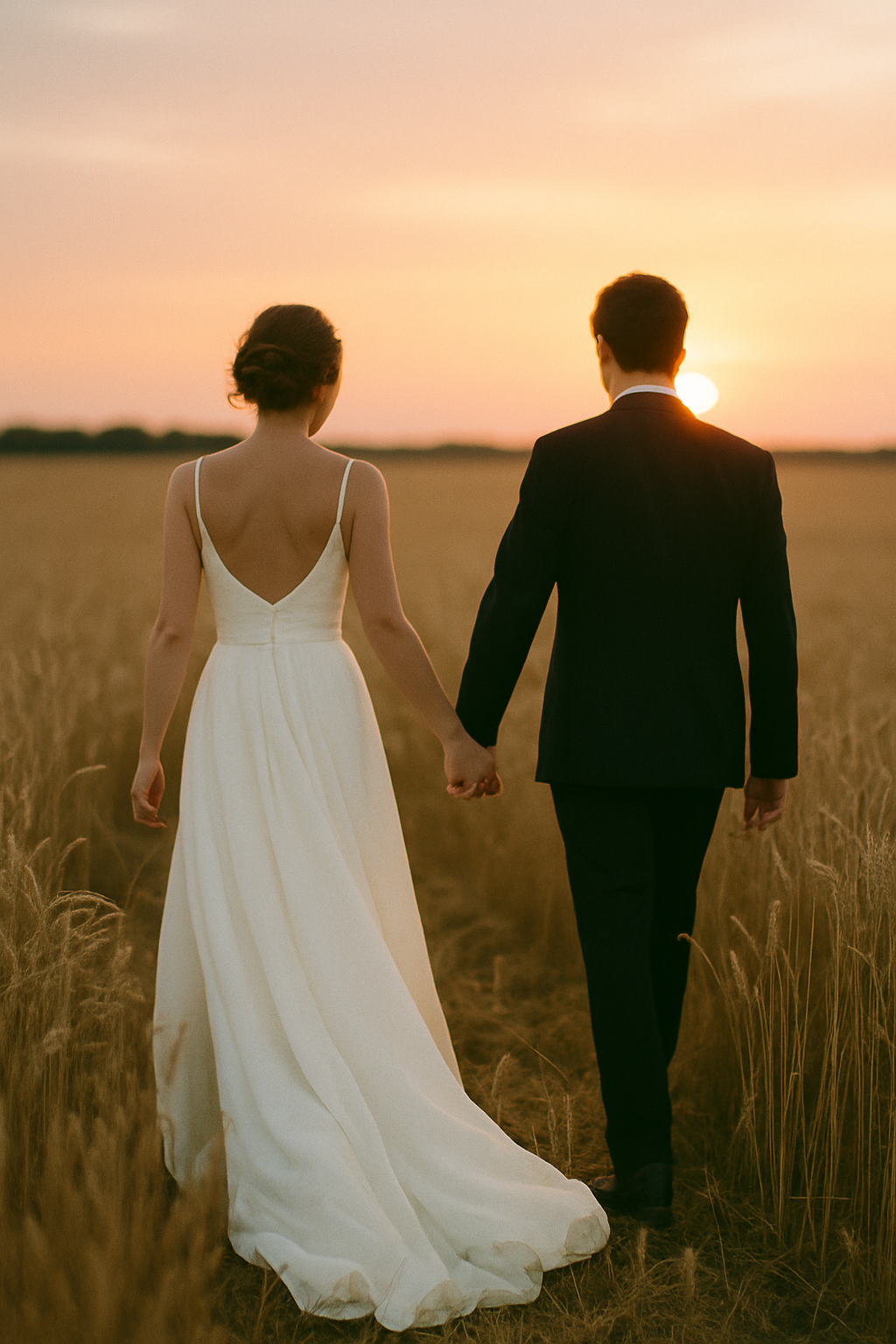Newlyweds walking hand in hand along a field at sunset