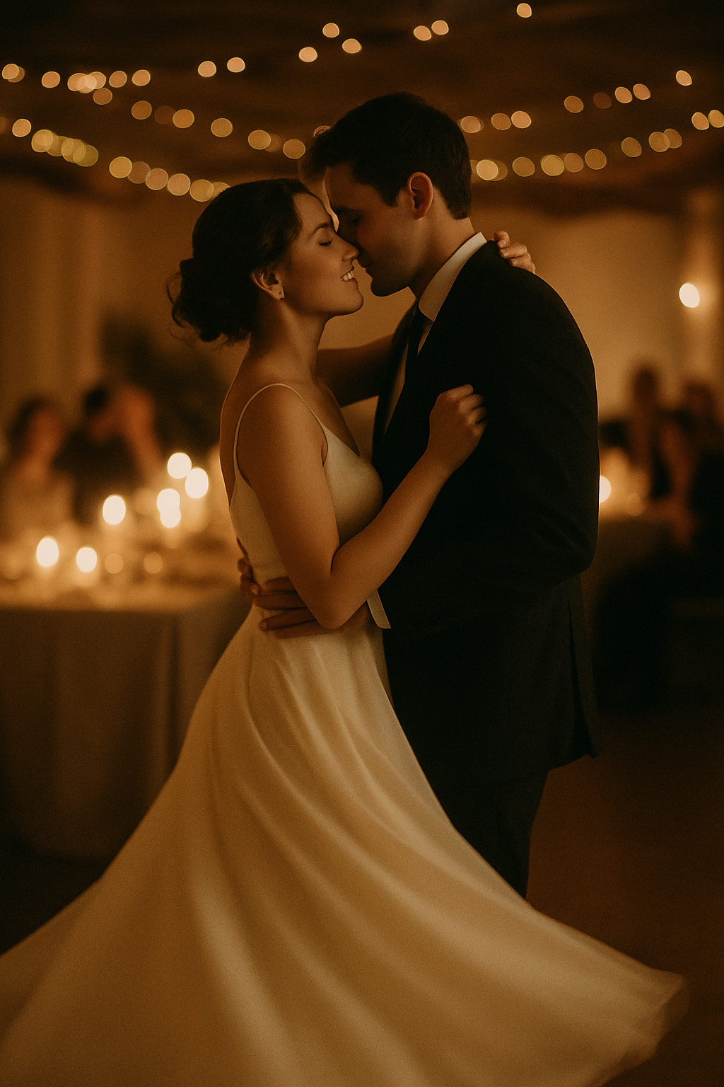 Couple sharing their first dance in a candlelit reception hall