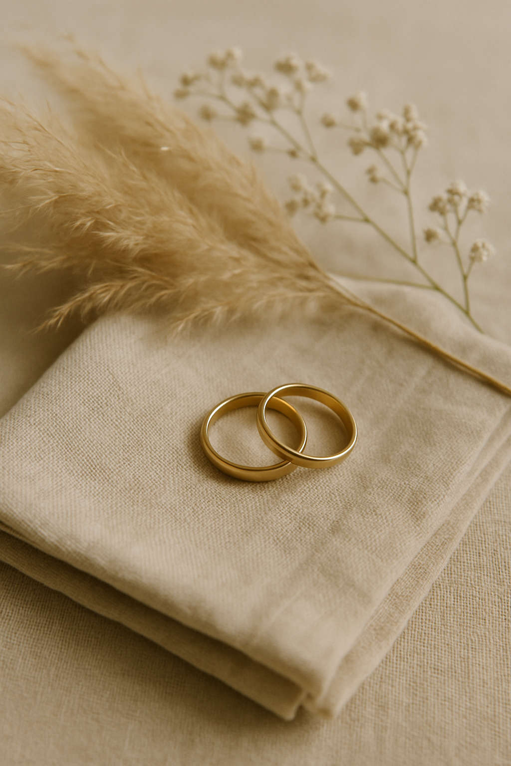 Delicate wedding rings resting on a linen napkin with dried florals
