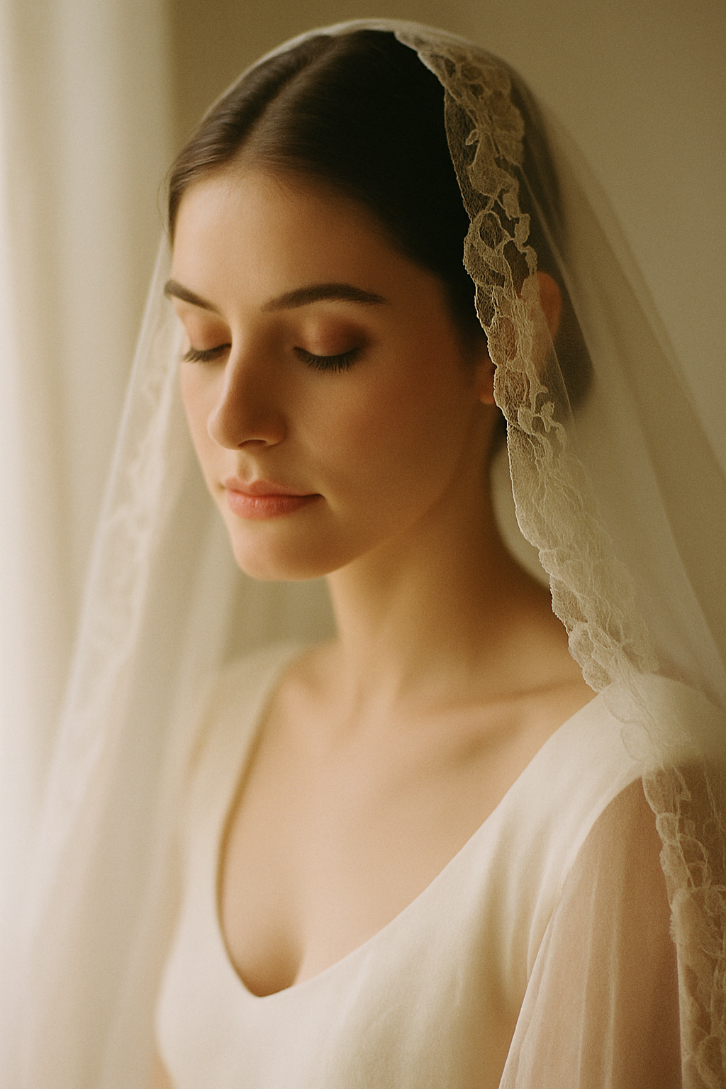 Close-up portrait of bride with flowing lace veil against soft window light