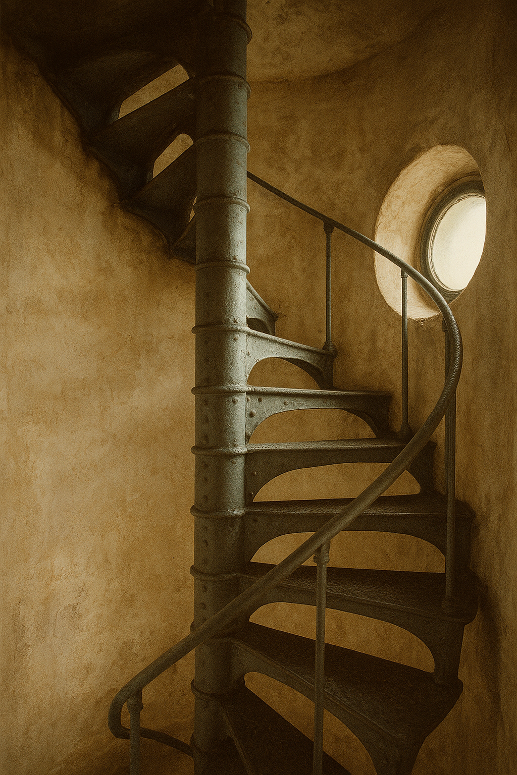 Spiral iron stairwell inside a lighthouse tower lit by muted afternoon light