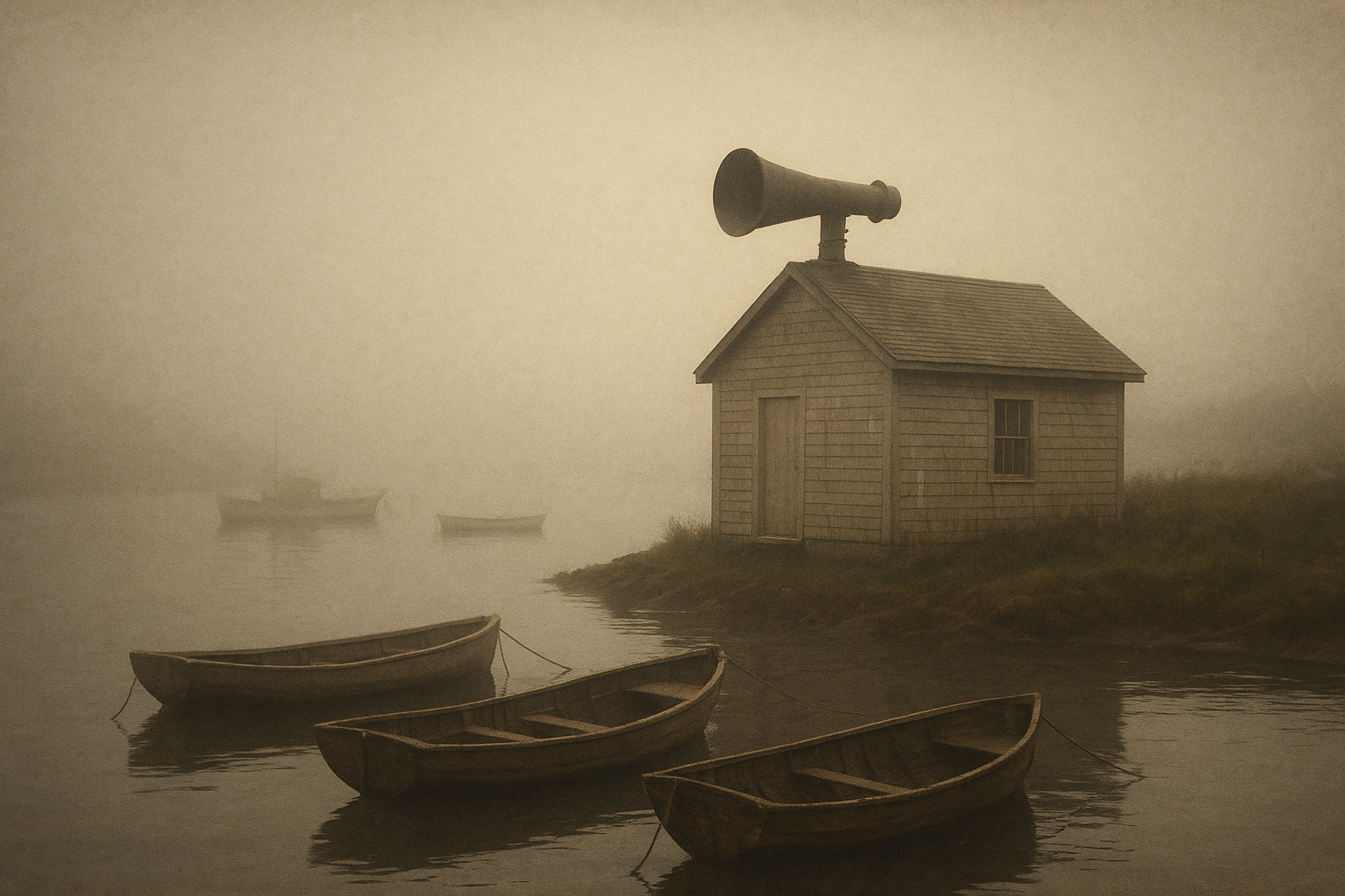 Small harbor station with fog signal horn and calm sea under low coastal mist