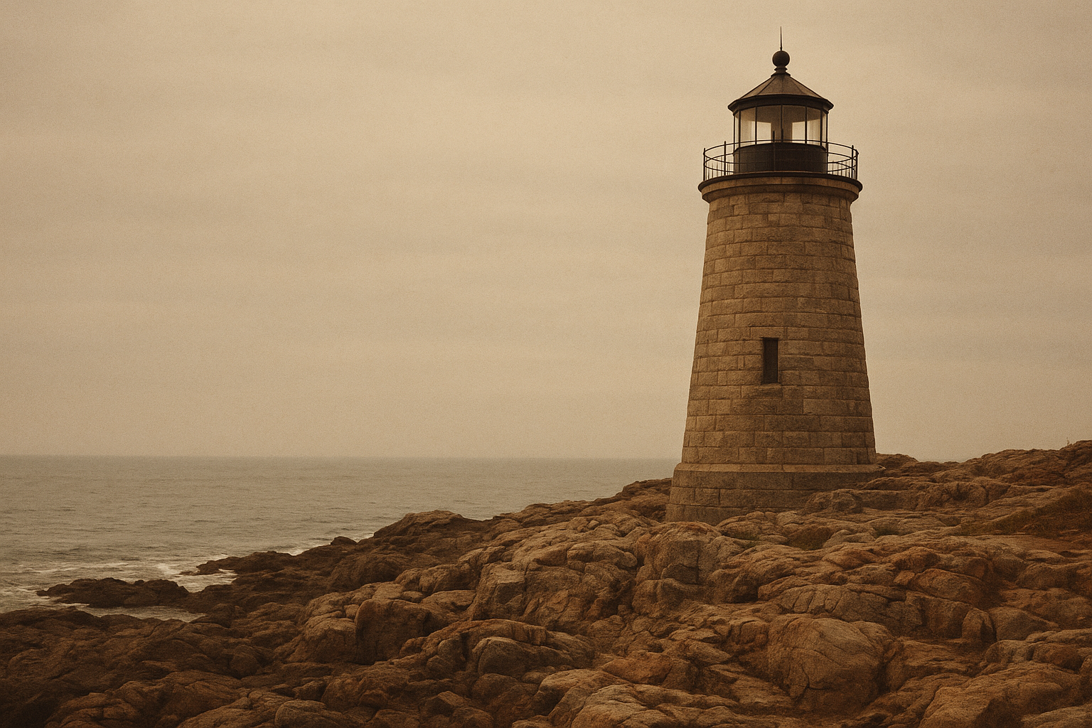 Historic stone lighthouse on the northern coast, standing above a rugged shoreline in warm overcast light