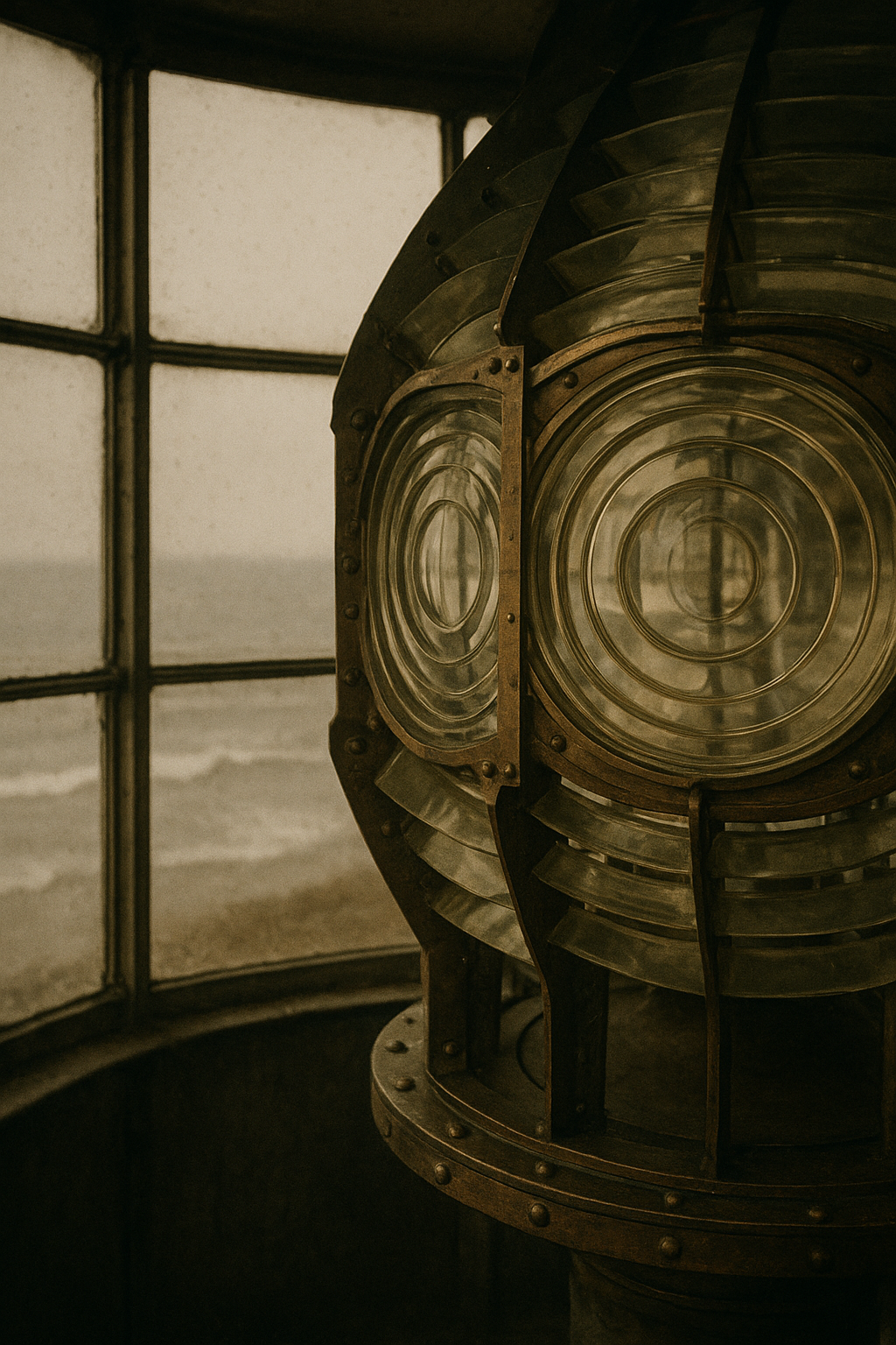 Warm archival photograph of a preserved lighthouse lantern-room interior with brass lens detail and coastal daylight