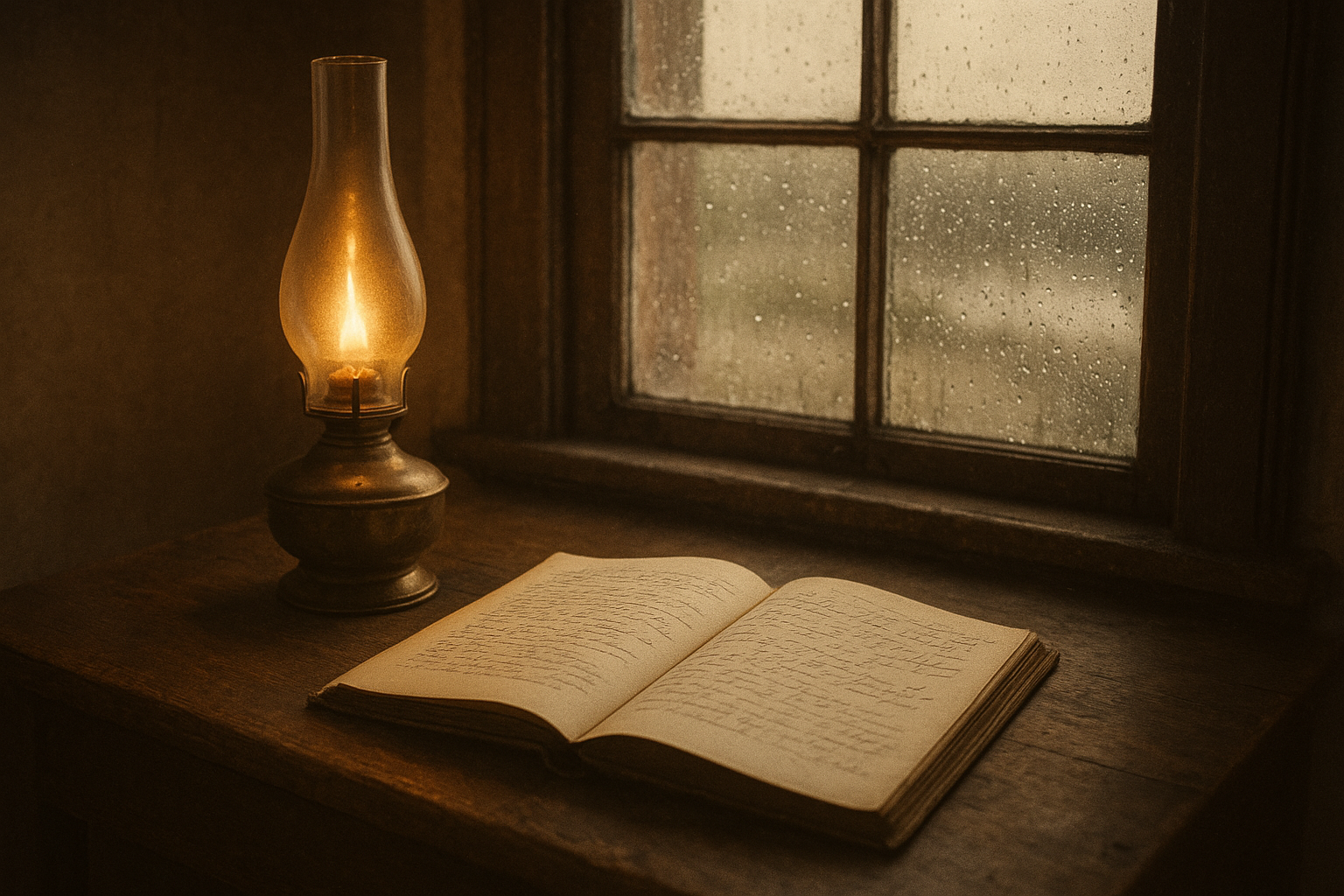 Historic keeper desk with brass lamp, logbook, and rain-specked window in warm film grain