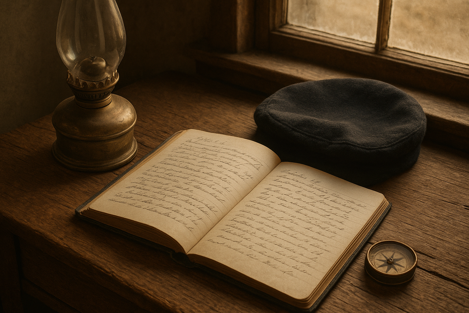 Archival-style keeper quarters detail with brass oil lamp, weathered logbook, and wool cap on a wooden desk