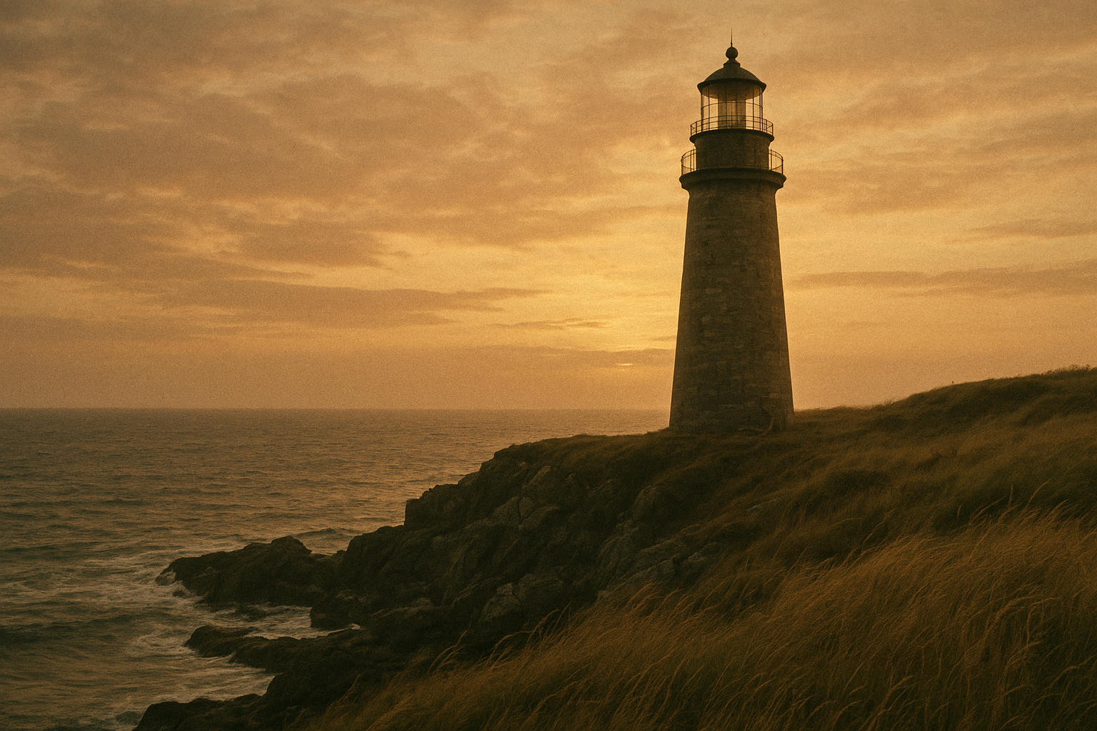 Wide archival-style view of a granite lighthouse on a windswept northern cliff at golden dusk