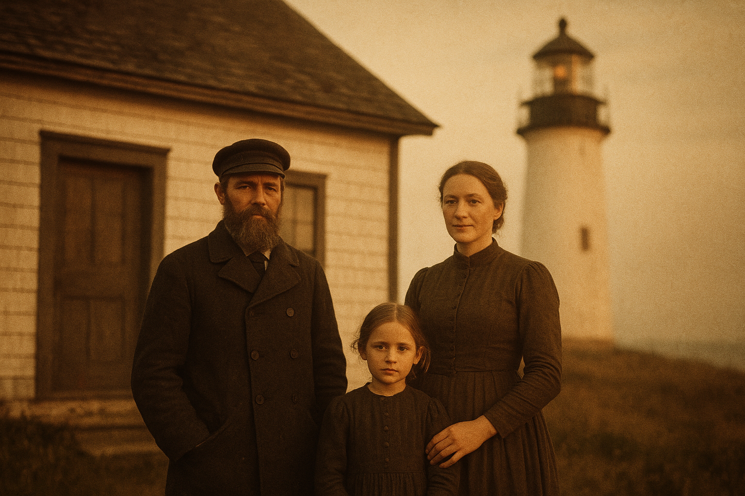 Keeper family standing beside a painted cottage near lighthouse grounds in soft evening light