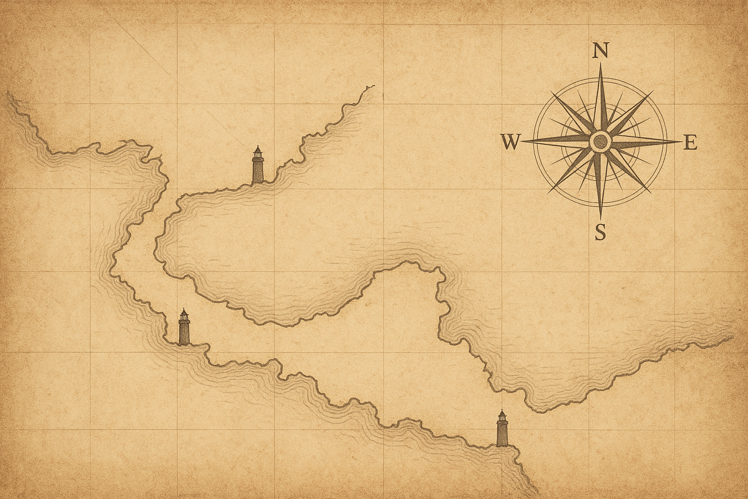Stylized archival map of the northern coast with lighthouse markers, contour lines, and aged chart texture
