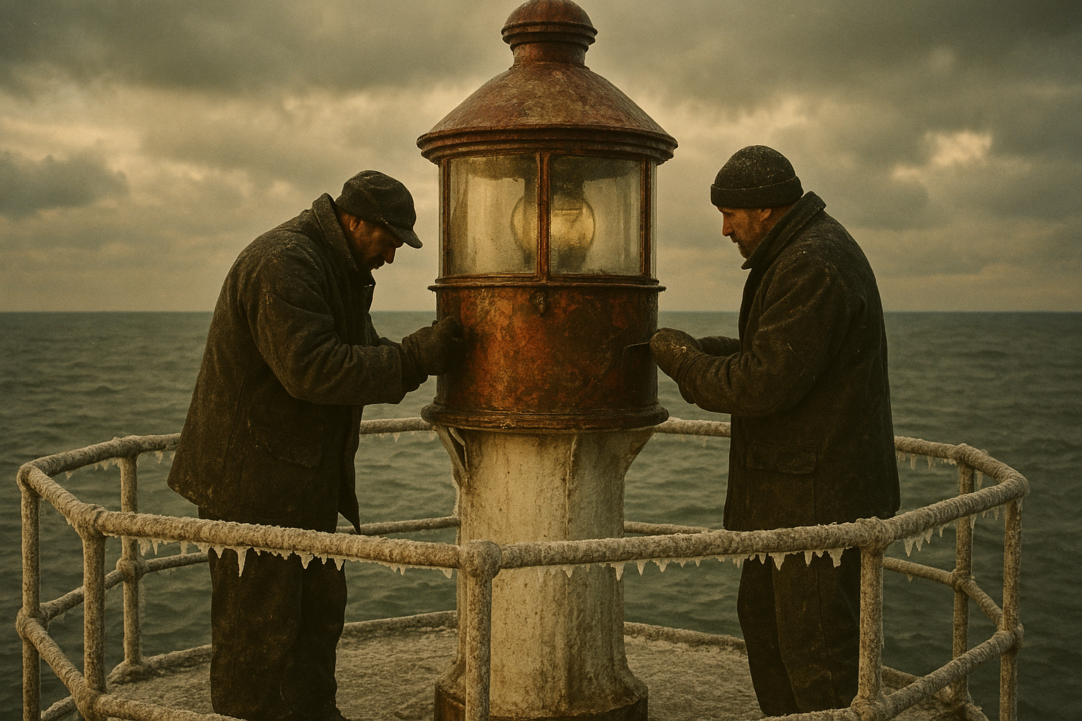 Two maintenance workers repairing beacon housing on an icy platform above dark sea
