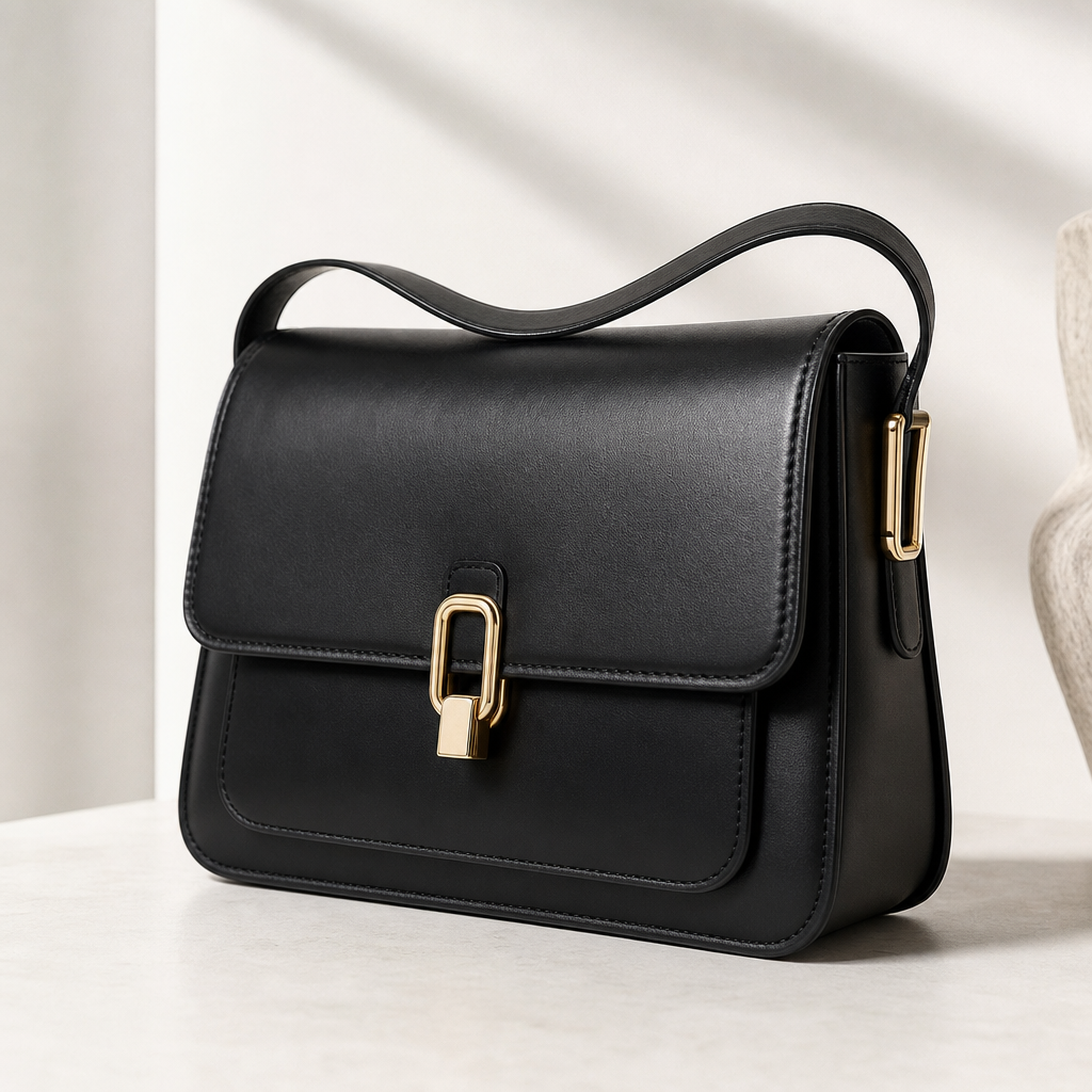 Structured black leather shoulder bag with gold hardware