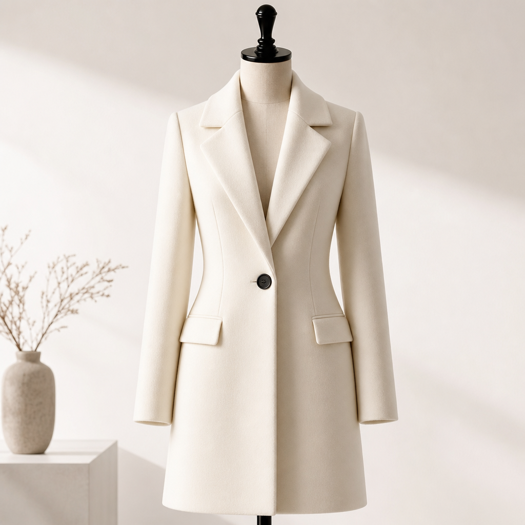 Ivory tailored coat with clean lapels and a structured silhouette