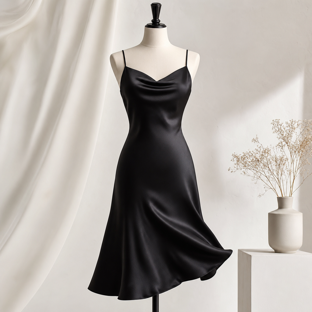 Black satin slip dress with a fluid drape and thin straps