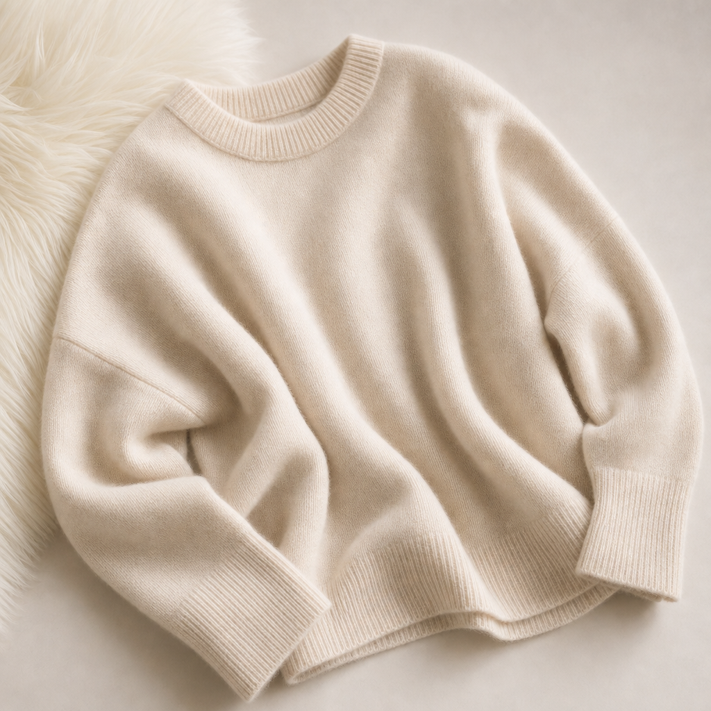 Soft cream cashmere knit sweater with a relaxed fit