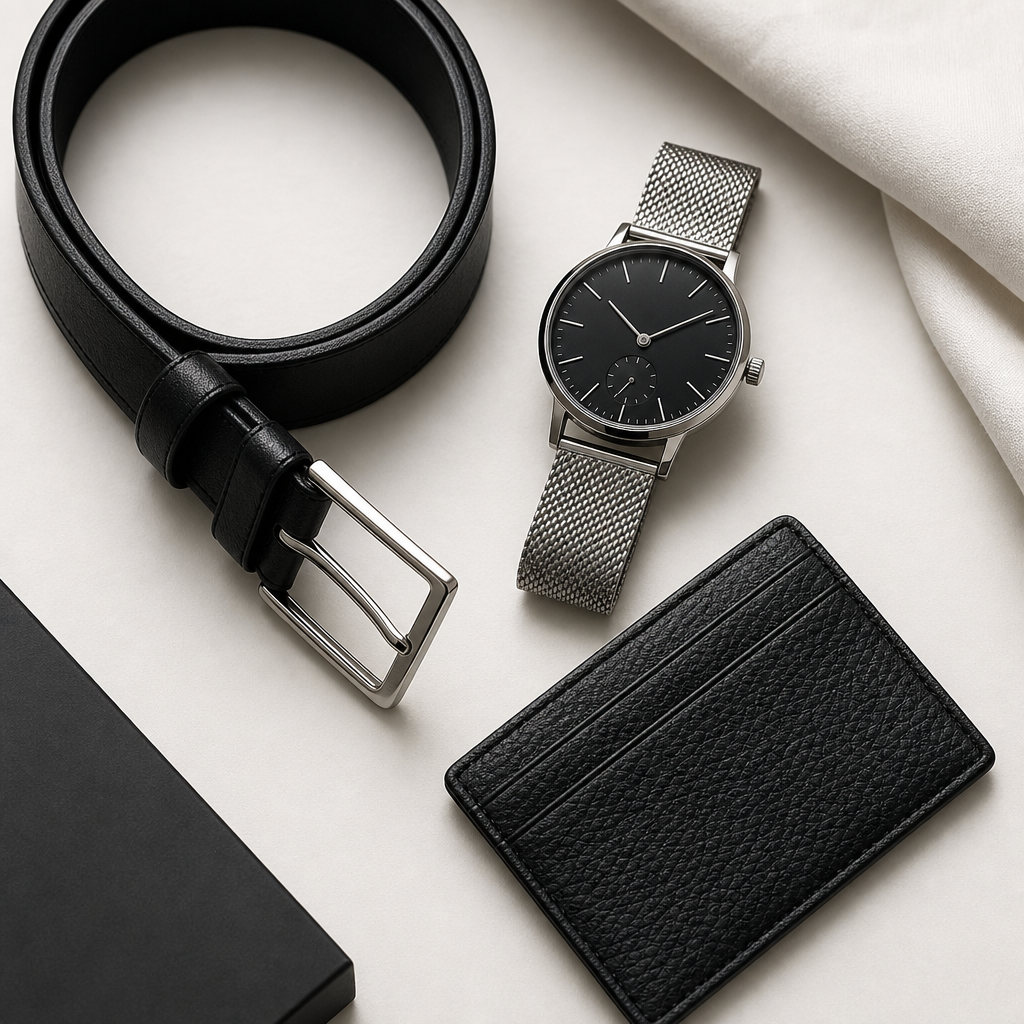 Flat lay of a black leather belt, minimalist silver watch, and textured card wallet on a light neutral surface.