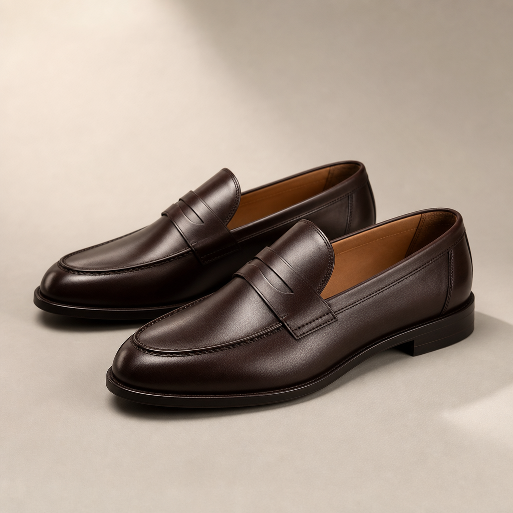 Pair of rich espresso brown leather loafers with a sleek profile on a neutral studio surface.