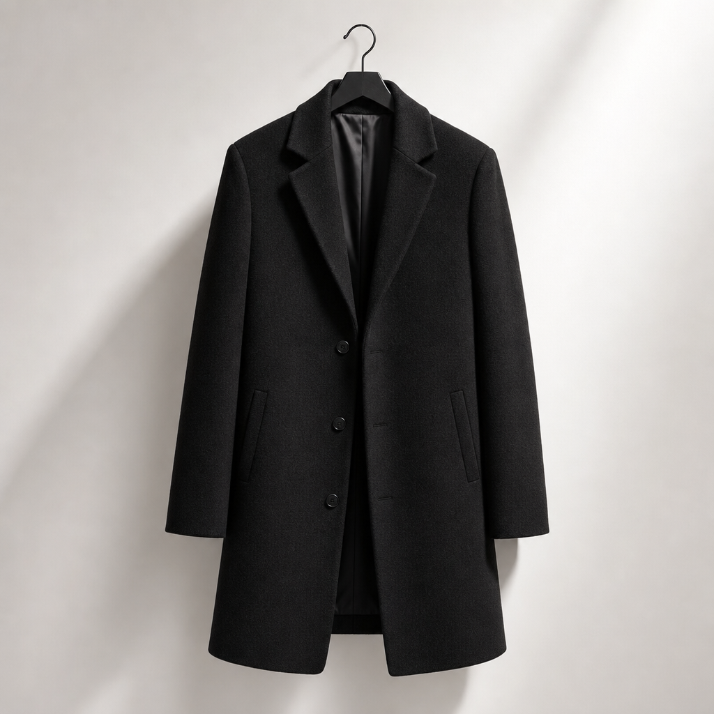 Medium-length black wool coat on a minimalist hanger with subtle texture and clean lapels.