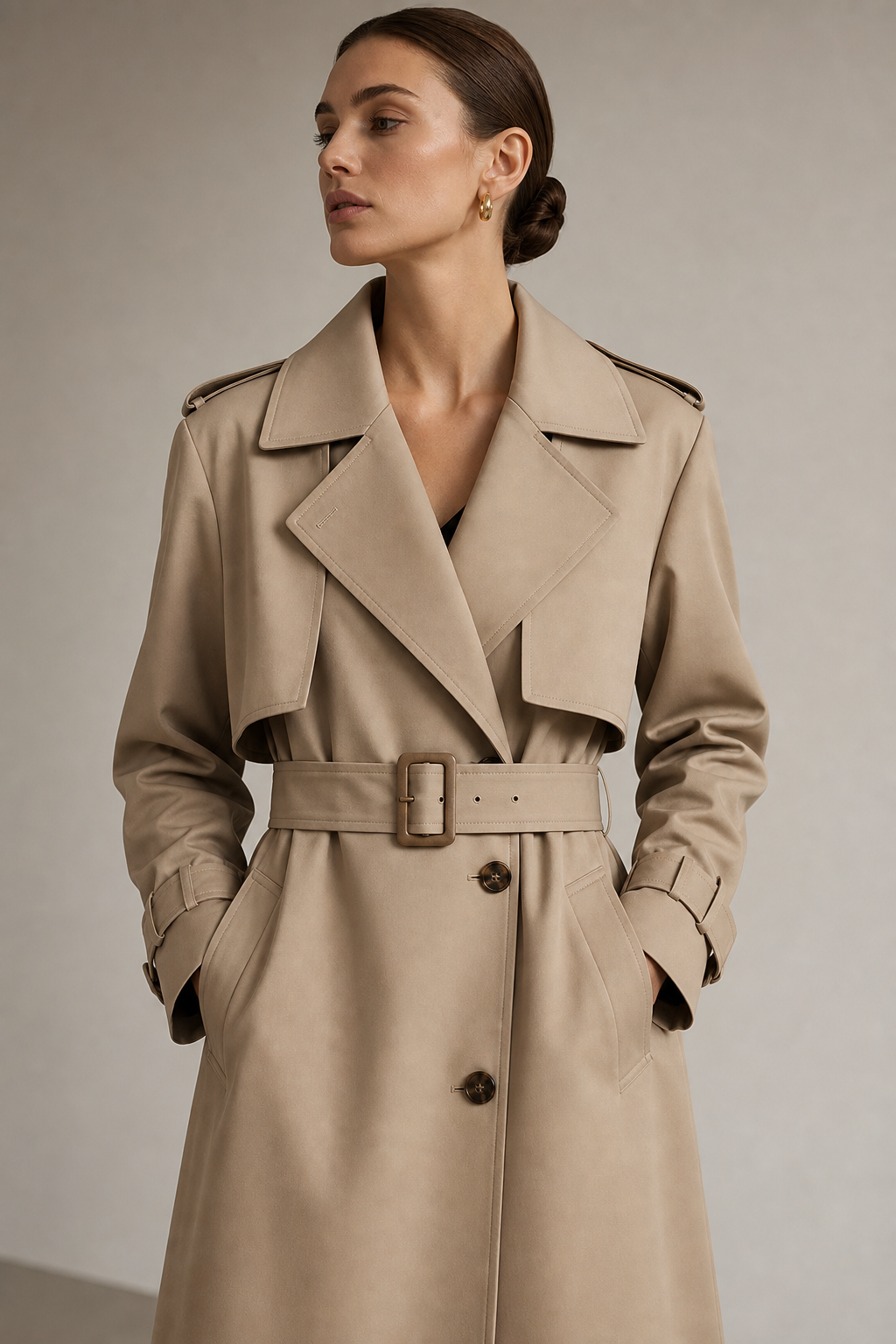 Model wearing a structured sand-beige trench coat with tonal belt and wide lapels