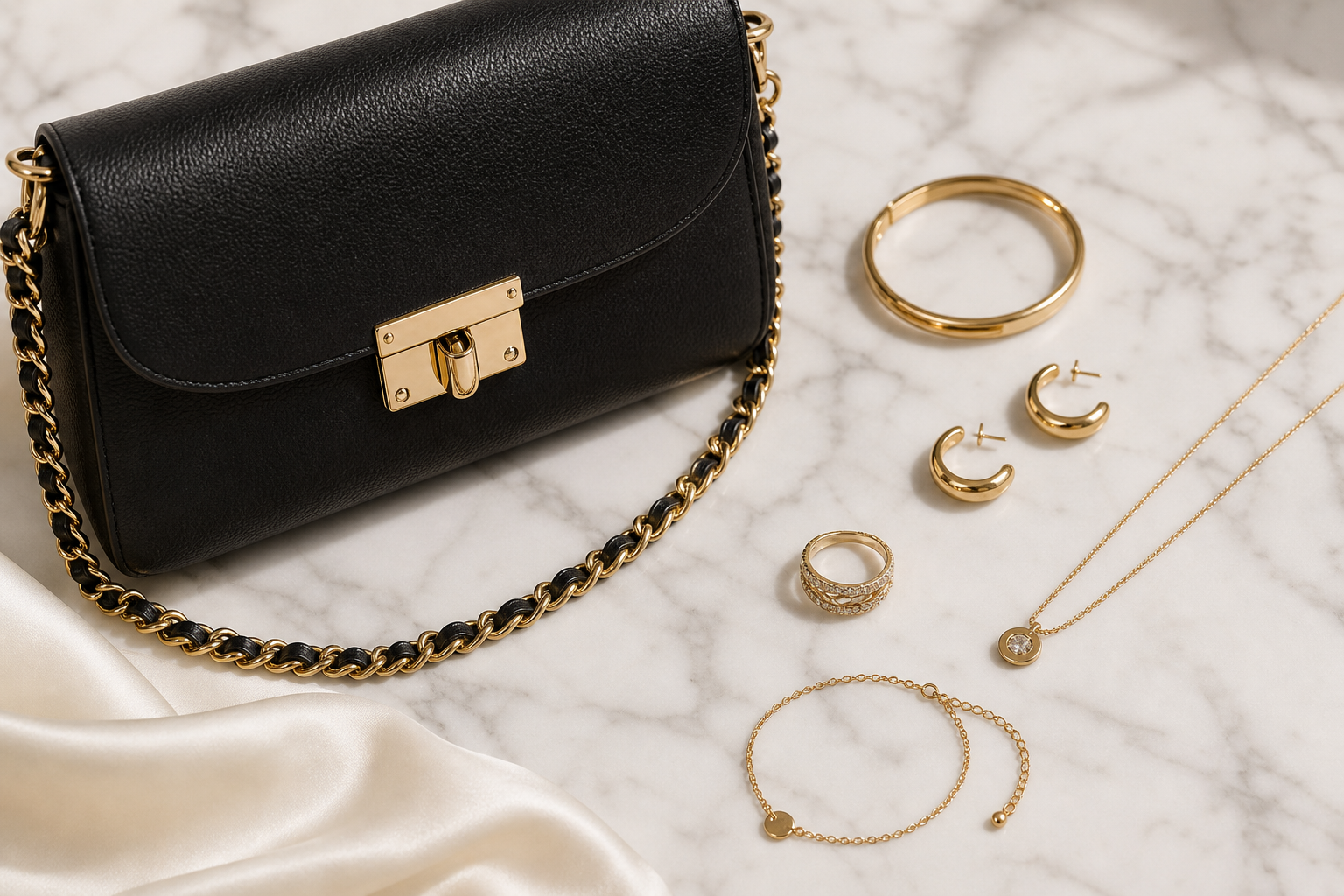 Premium leather handbag and gold jewelry laid on a soft marble surface