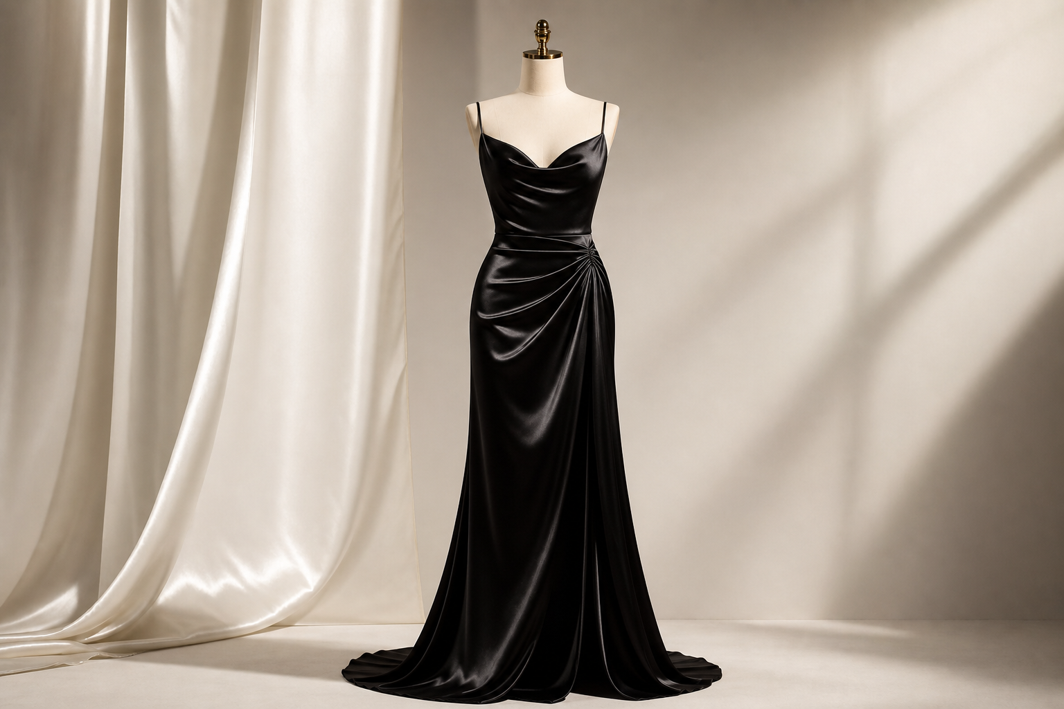 Elegant black satin evening dress with a sleek neckline on a neutral backdrop