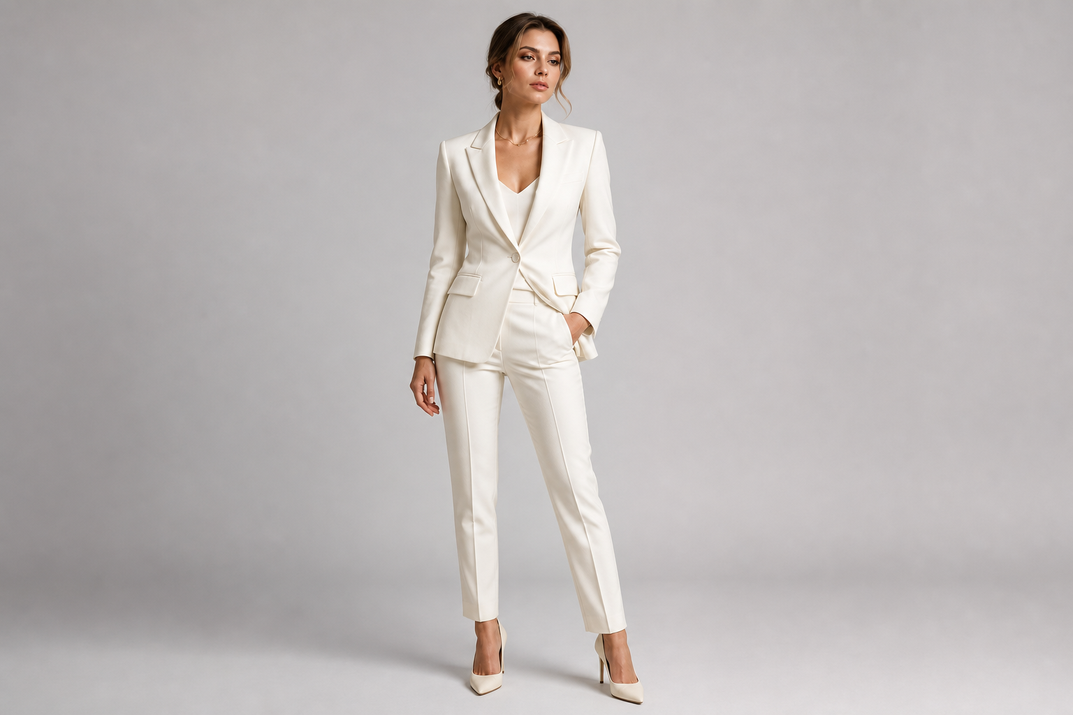 Tailored women’s blazer and trouser set in crisp ivory with a structured silhouette