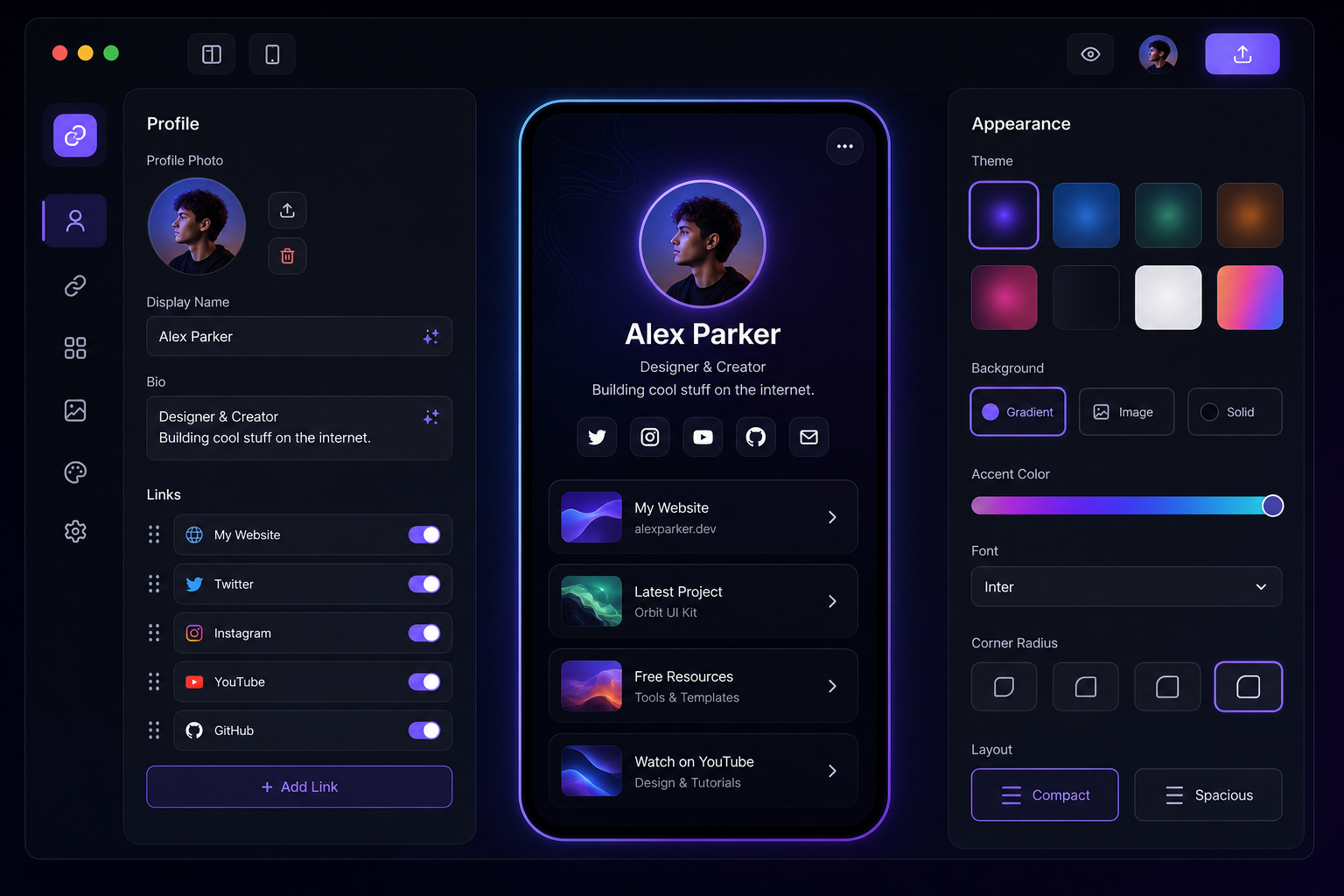 Product preview of the page builder interface while someone creates their own bio page