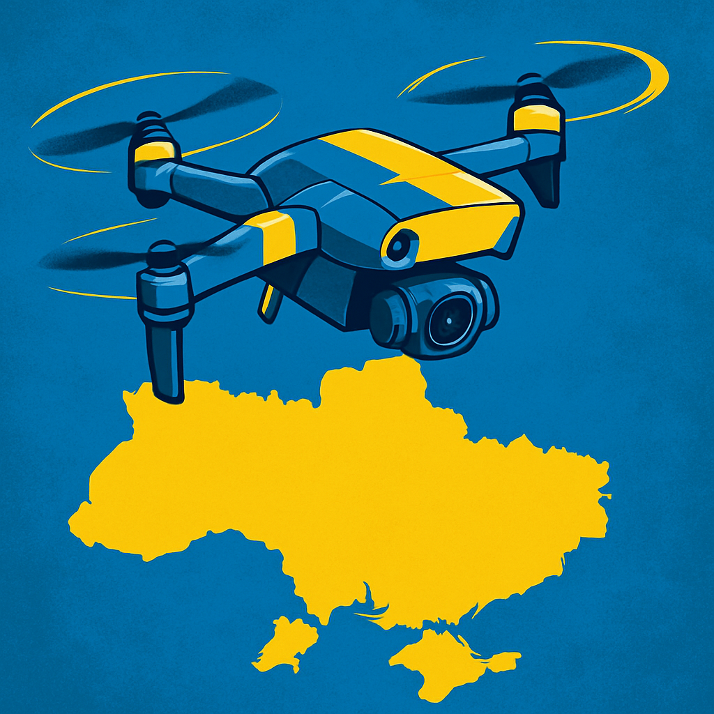 Stylized drone in Ukrainian blue and yellow colors flying over a map of Ukraine