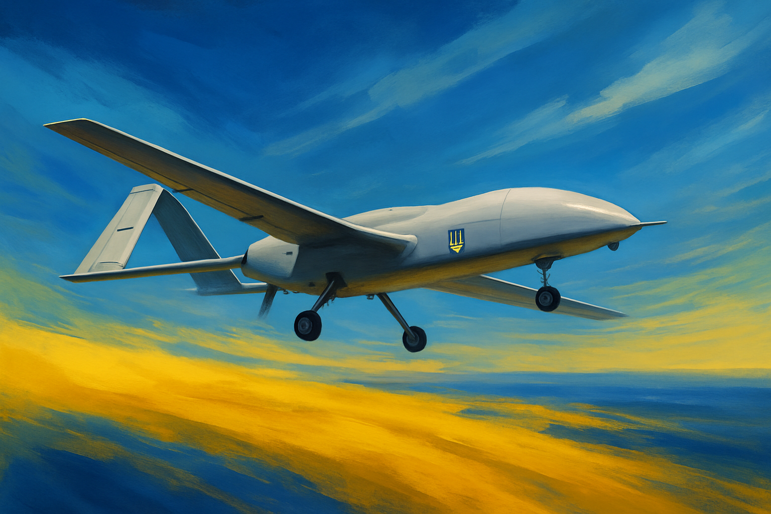 Ukrainian military drone flying over a blue and yellow landscape, symbolizing strength and unity
