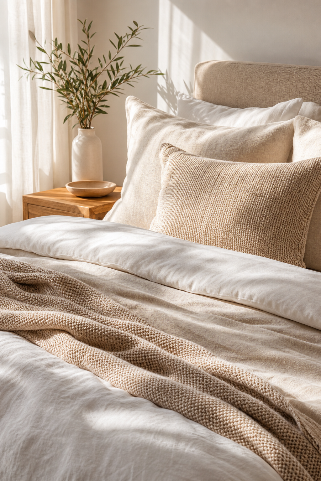 Bright, naturally lit home vignette with layered linen bedding, a textured throw, and soft woven textiles highlighting tactile fabric detail