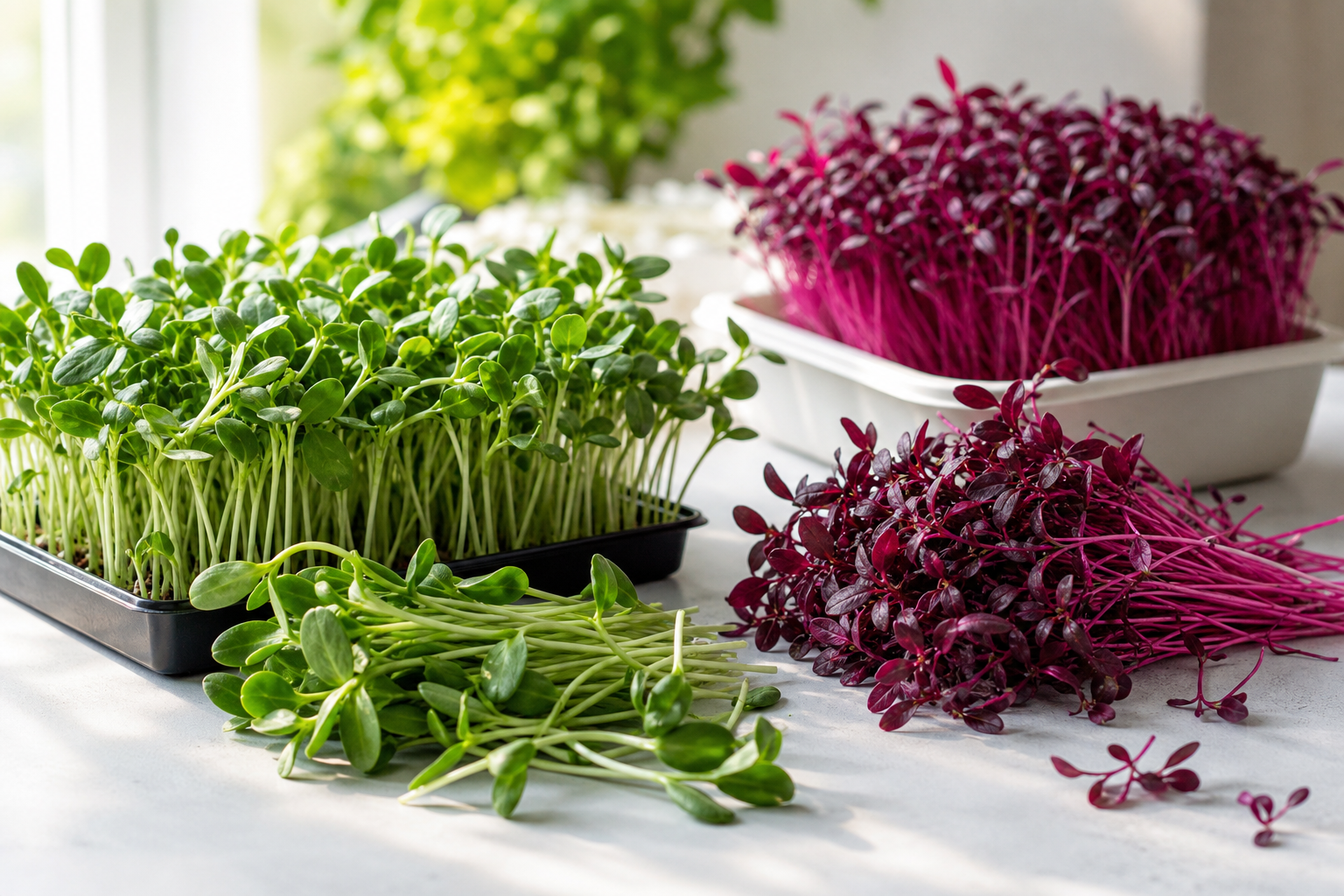 Bright premium produce composition with fresh sunflower and amaranth microgreens in clean natural light
