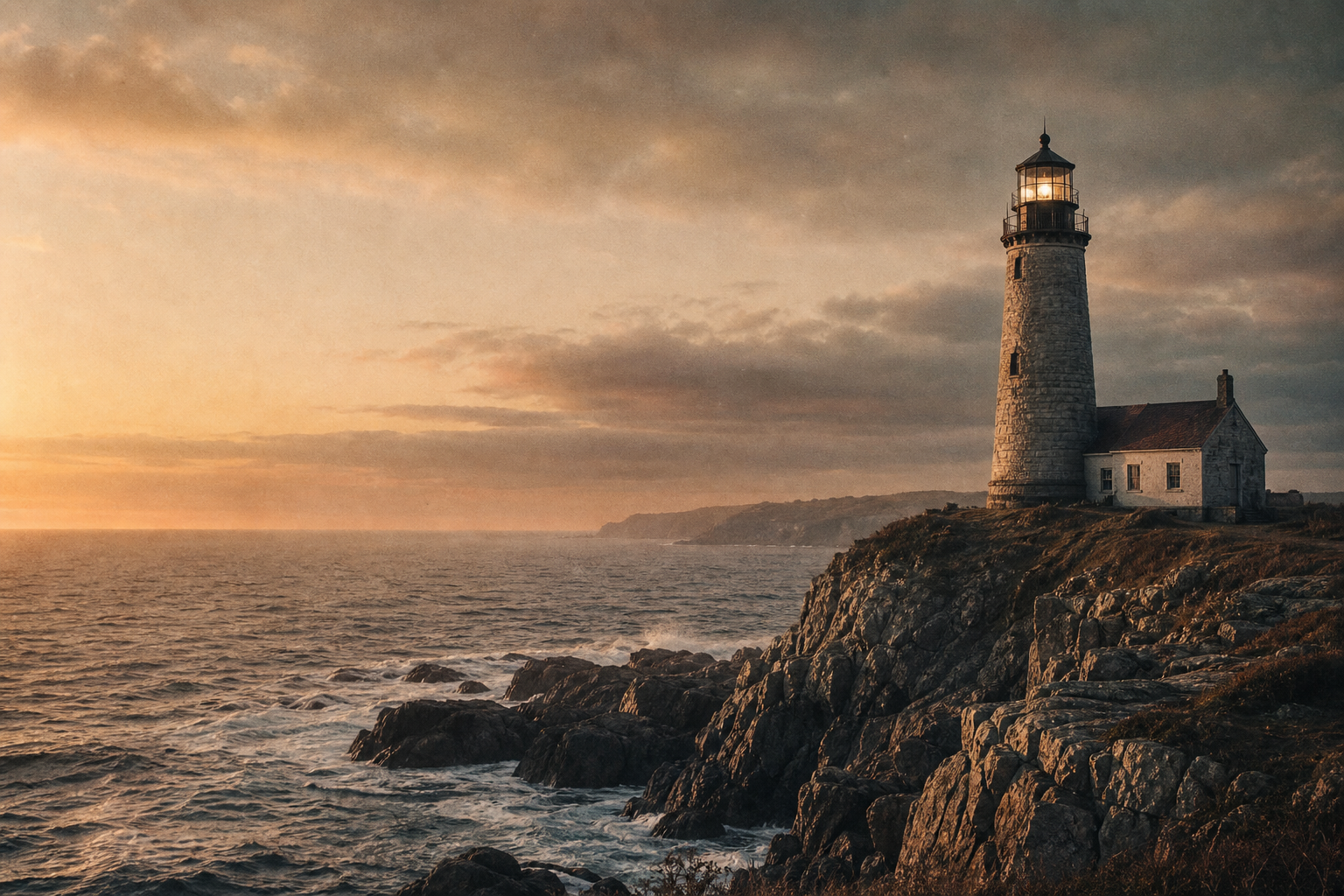 Warm film-style photograph of a solitary lighthouse on a rugged northern shoreline at dusk