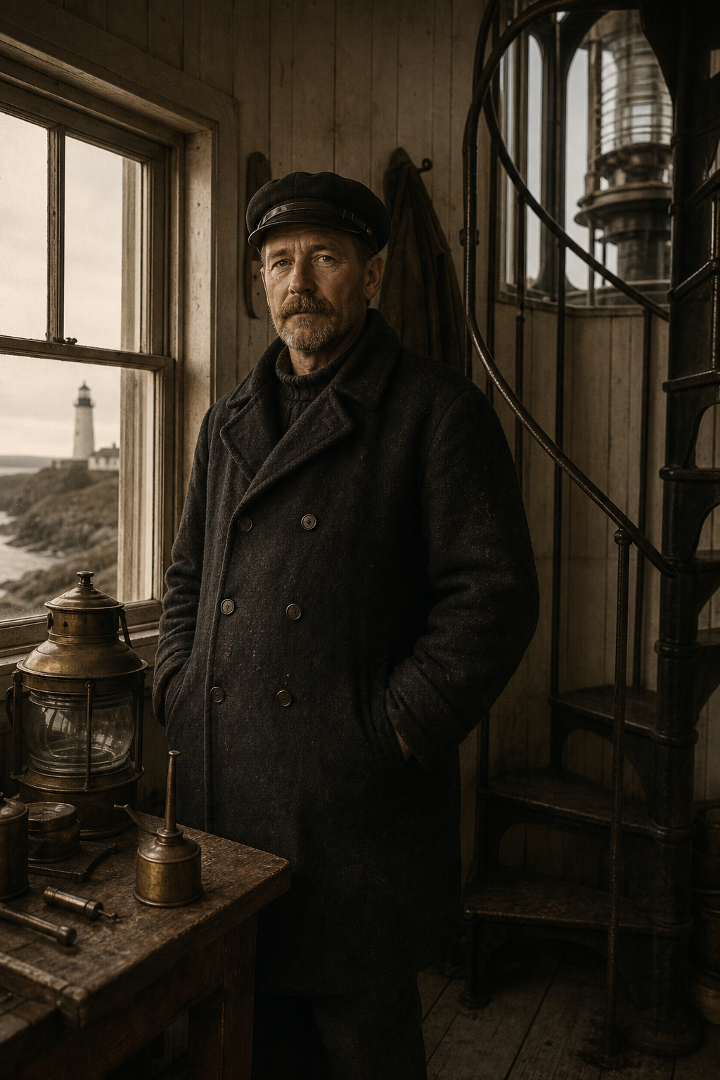 Archival portrait-style photograph of a lighthouse keeper in a heavy wool coat inside keeper quarters near a lantern-room stair