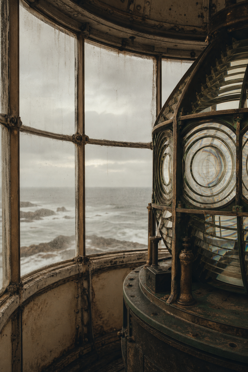 Lantern room interior with glass and metal detail