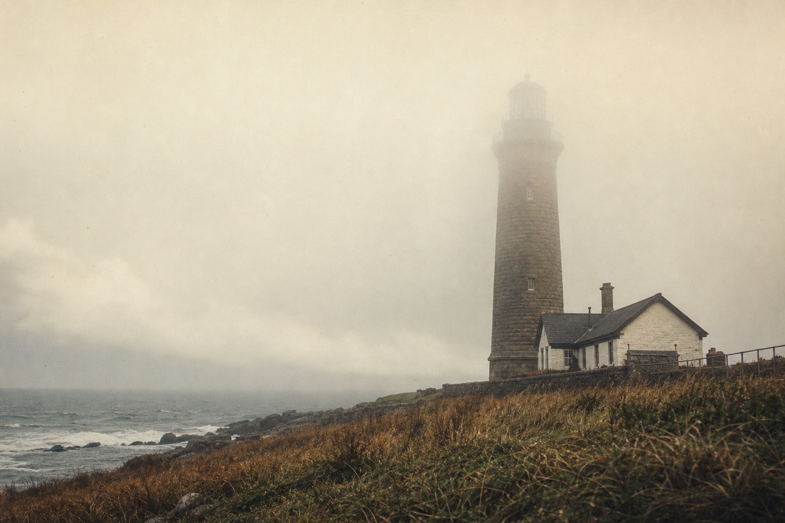 Lead lighthouse exterior in coastal fog
