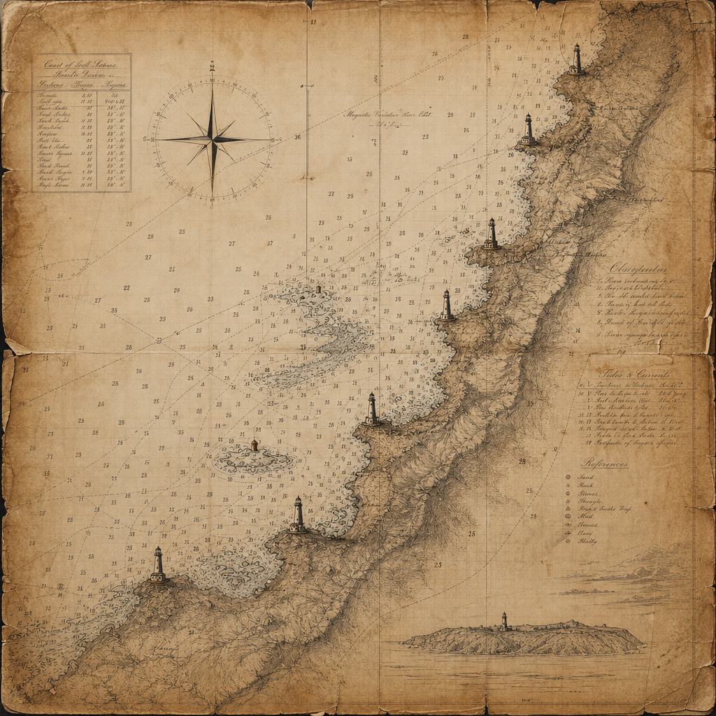 Weathered archival navigation chart of the northern coast with hand-drawn shoals and lighthouse marks