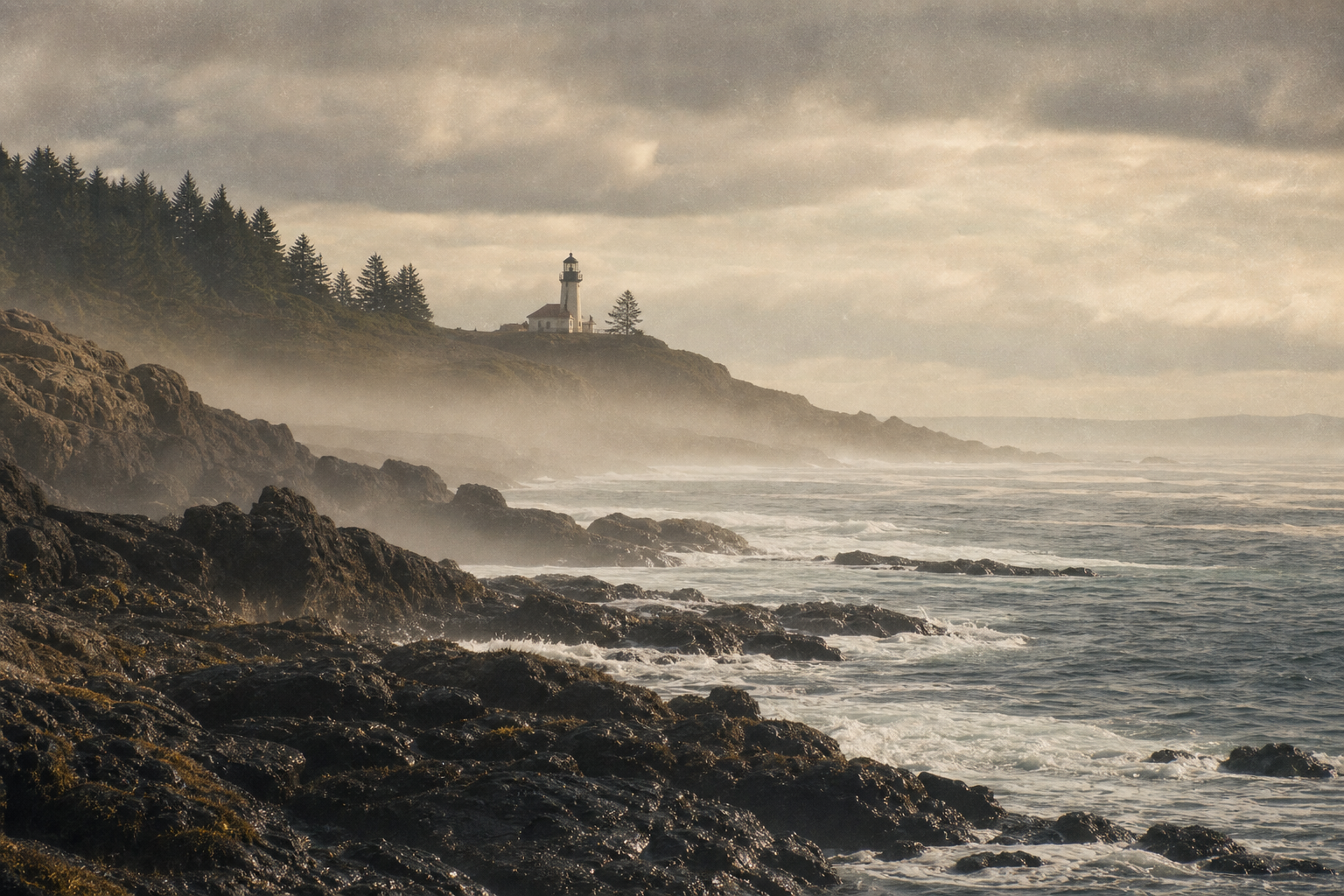 Rocky shoreline with beacon in distance