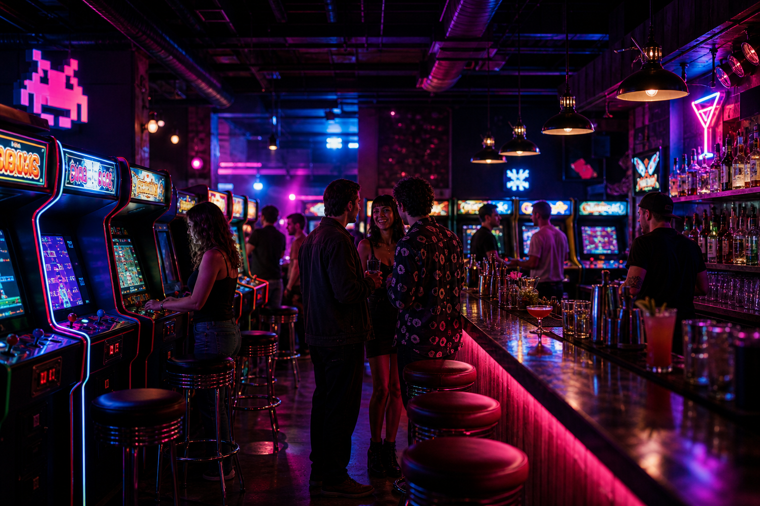 Neon-lit retro arcade bar interior with glowing game cabinets, cocktail bar lights, and a lively social crowd