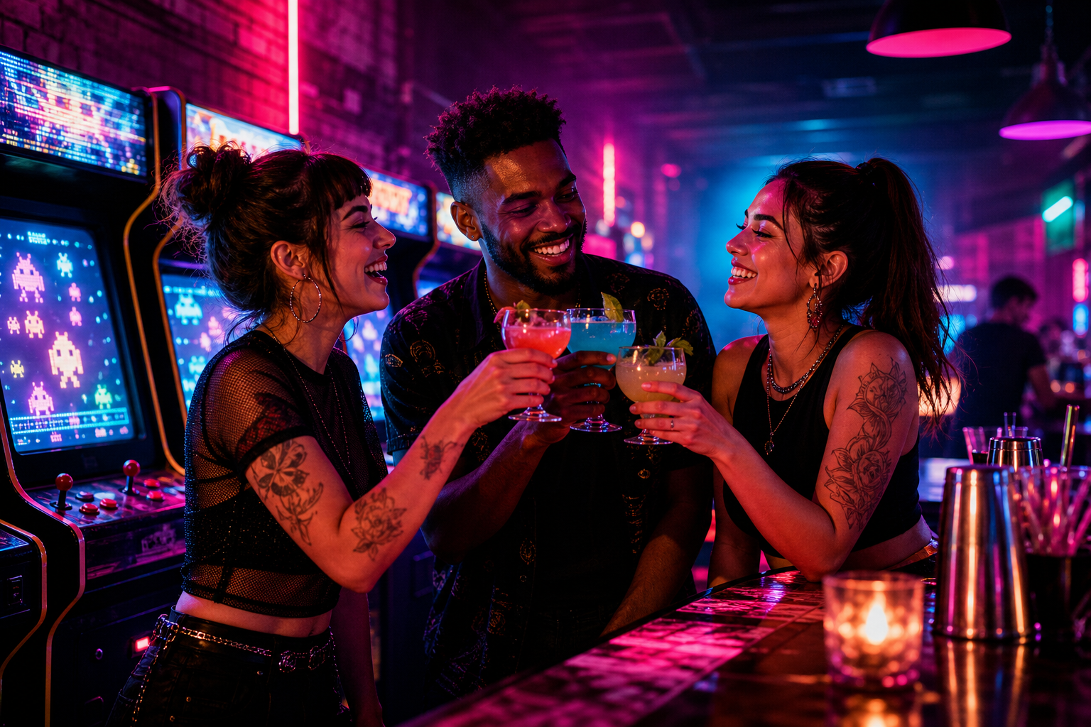 Friends raising colorful cocktails beside glowing arcade cabinets in a neon-lit retro bar