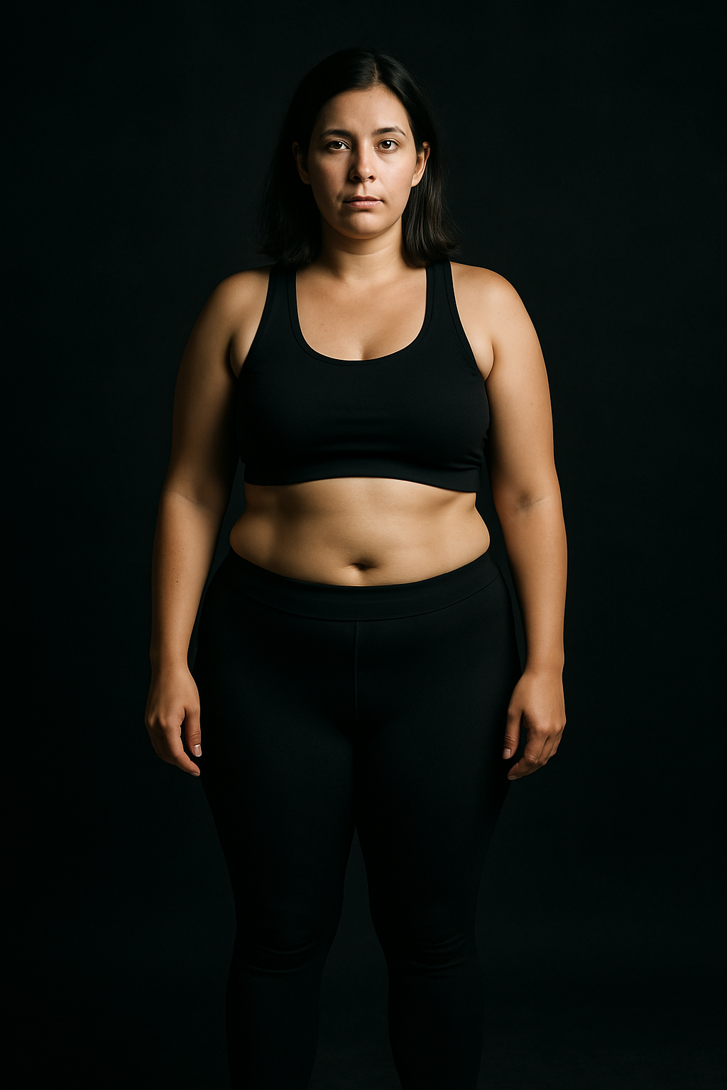 Woman in athletic wear before fitness program, soft moody lighting