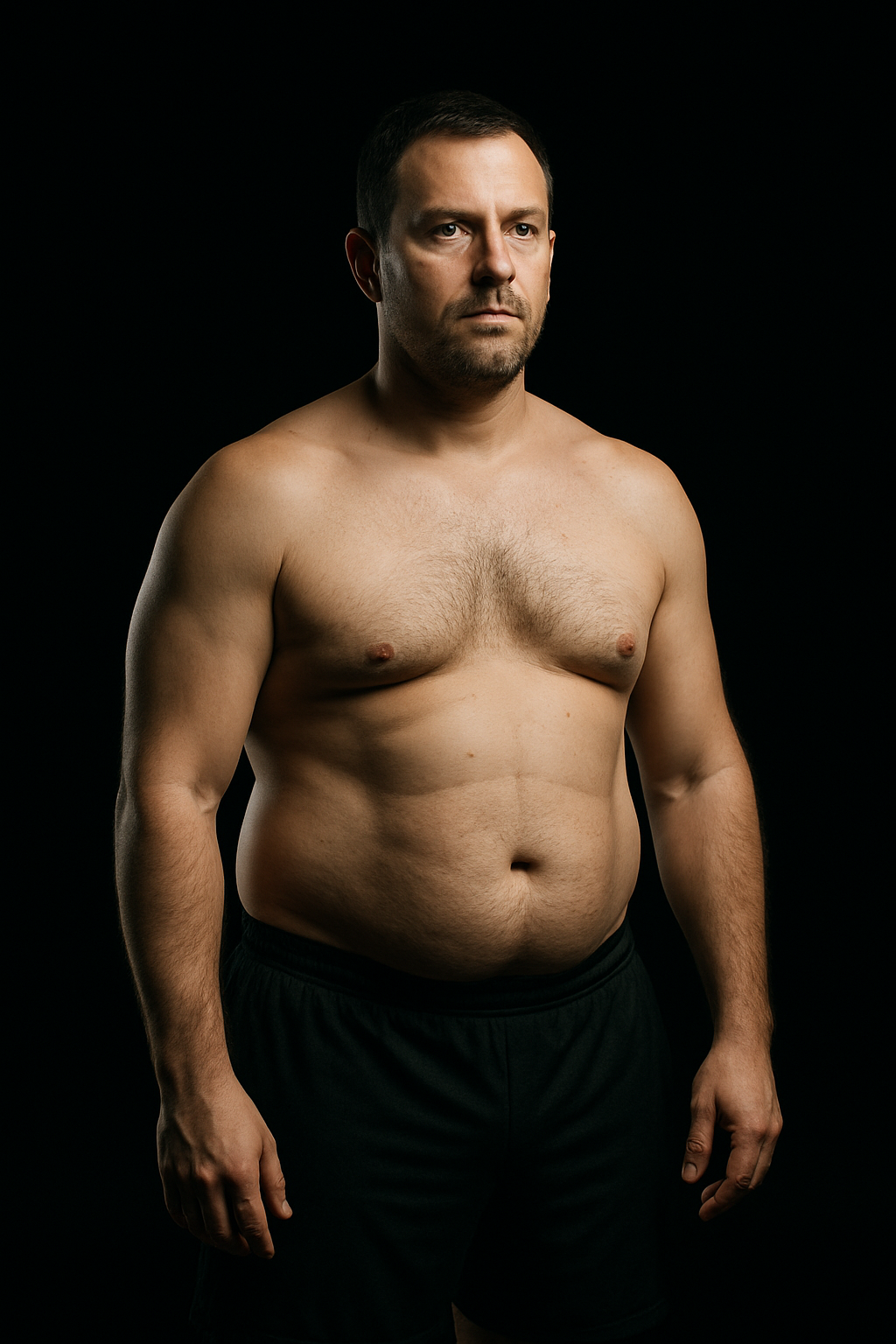 Athletic man before fat loss transformation, side-lit studio shot