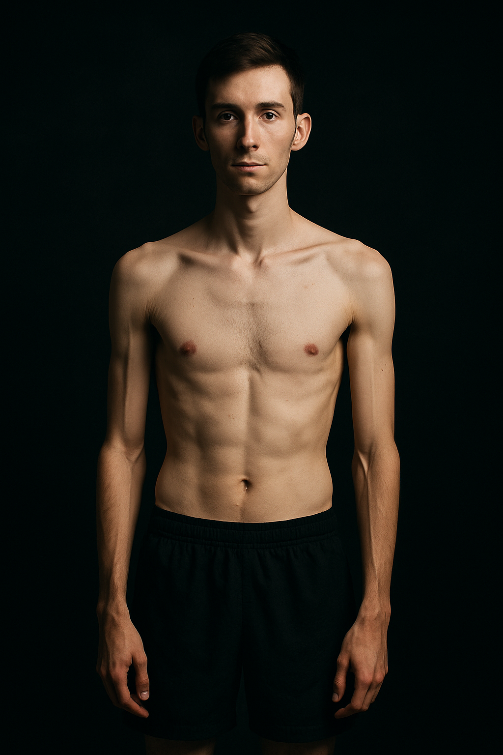 Slim young man before muscle building program, neutral studio backdrop