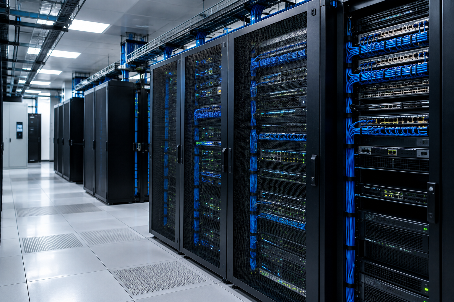 Sala técnica de infraestructura con racks de red, cableado estructurado y sistemas de energía en operación
