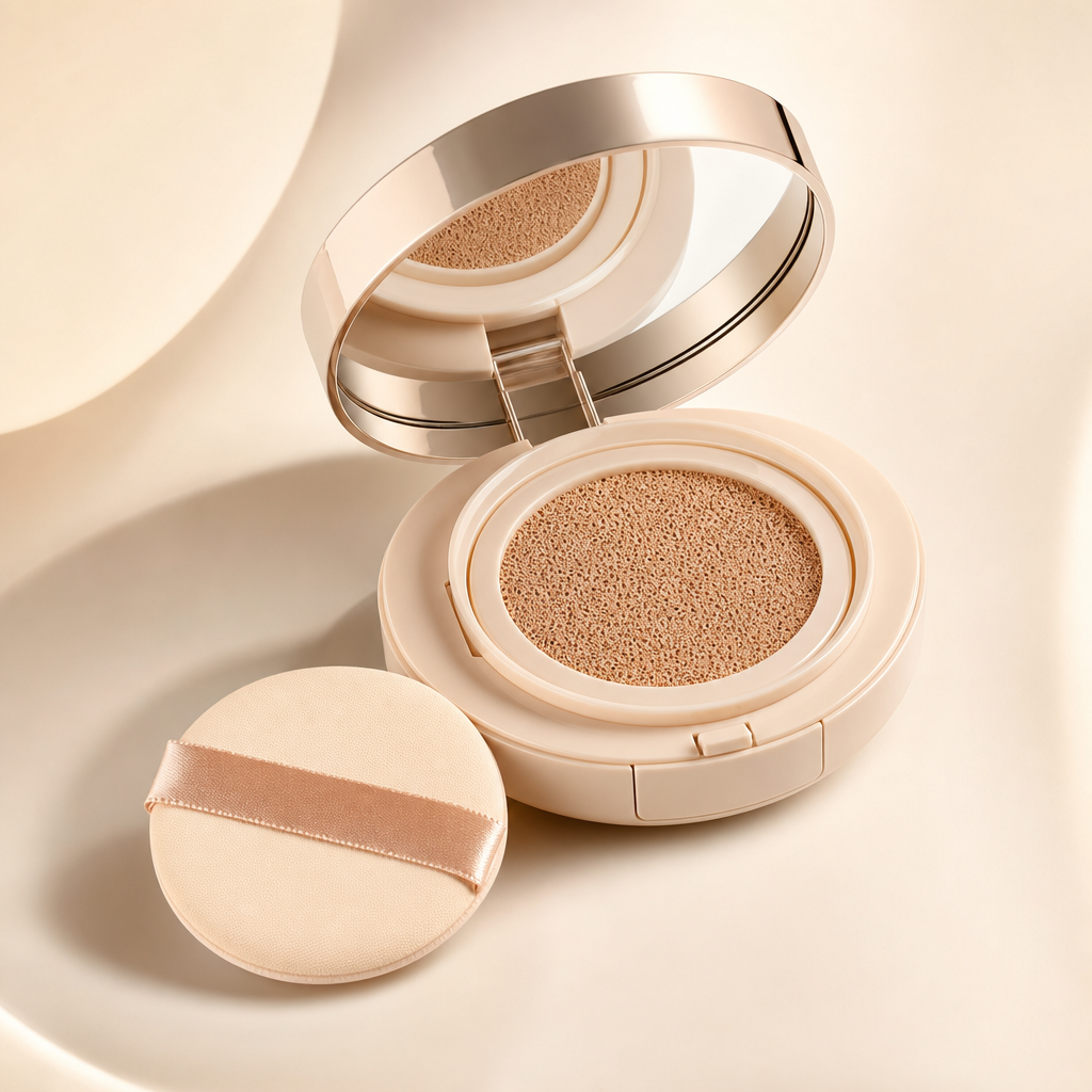 Soft beige cushion foundation compact with a mirrored lid and a matching puff on a neutral background