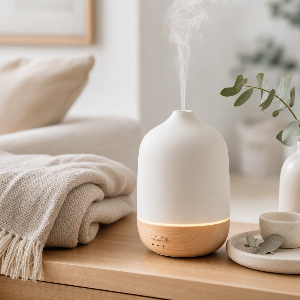 Minimalist aroma diffuser with a warm wood base beside a soft linen throw in a calm interior setting