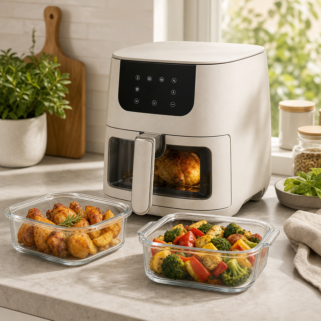 Modern countertop air fryer and glass food containers in light stone and stainless finishes